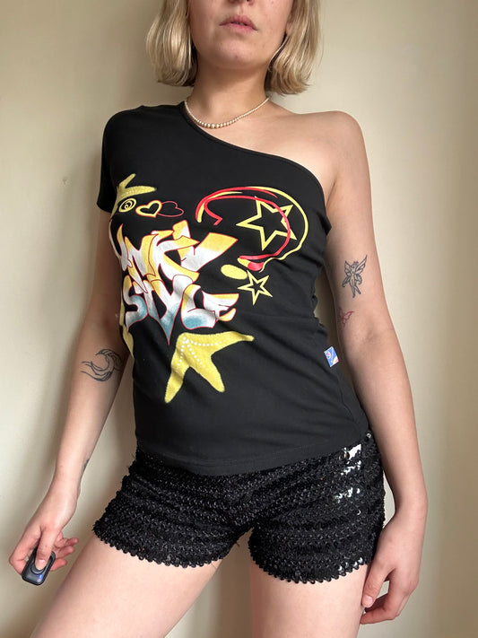 One shoulder graphic top